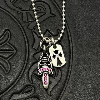 Chrome Hearts Diamond-Inlaid Sword and Dog Tag Double Pendant