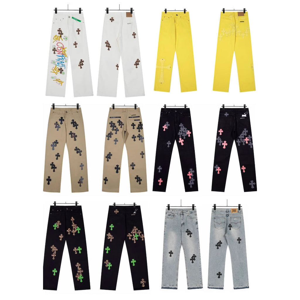 Chrome Hearts color cross leather jeans