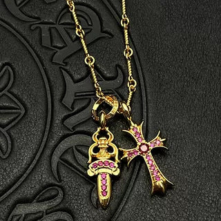 Chrome Hearts gold diamond sword cross double pendant
