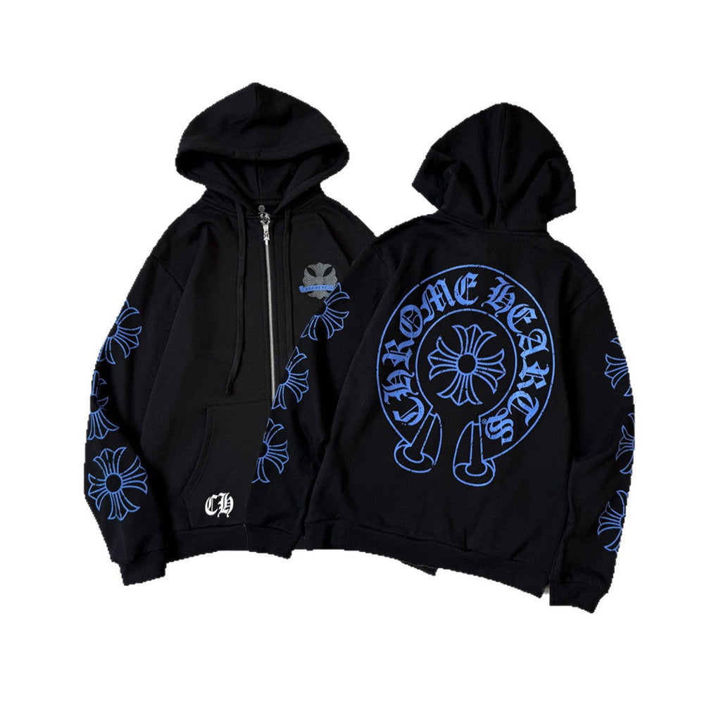 Chrome Hearts blue horseshoe hooded zip-up jacket