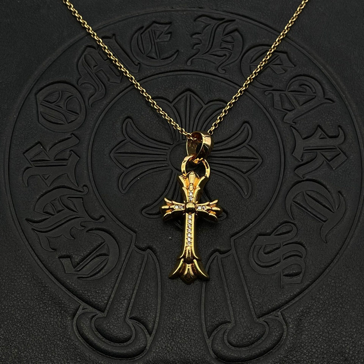 Chrome Hearts gold medium diamond cross pendant