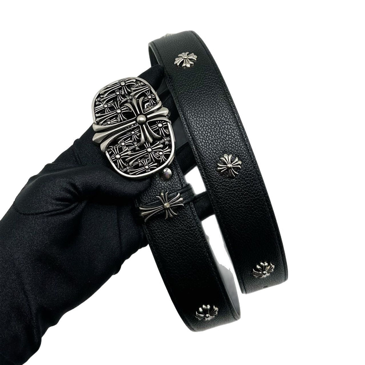 Chrome Hearts Cemetery Cross Classic PU Leather Belt with Rivets