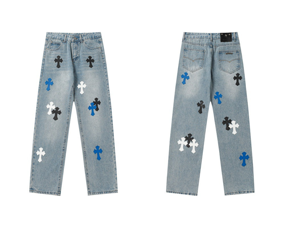 Chrome Hearts color cross leather jeans