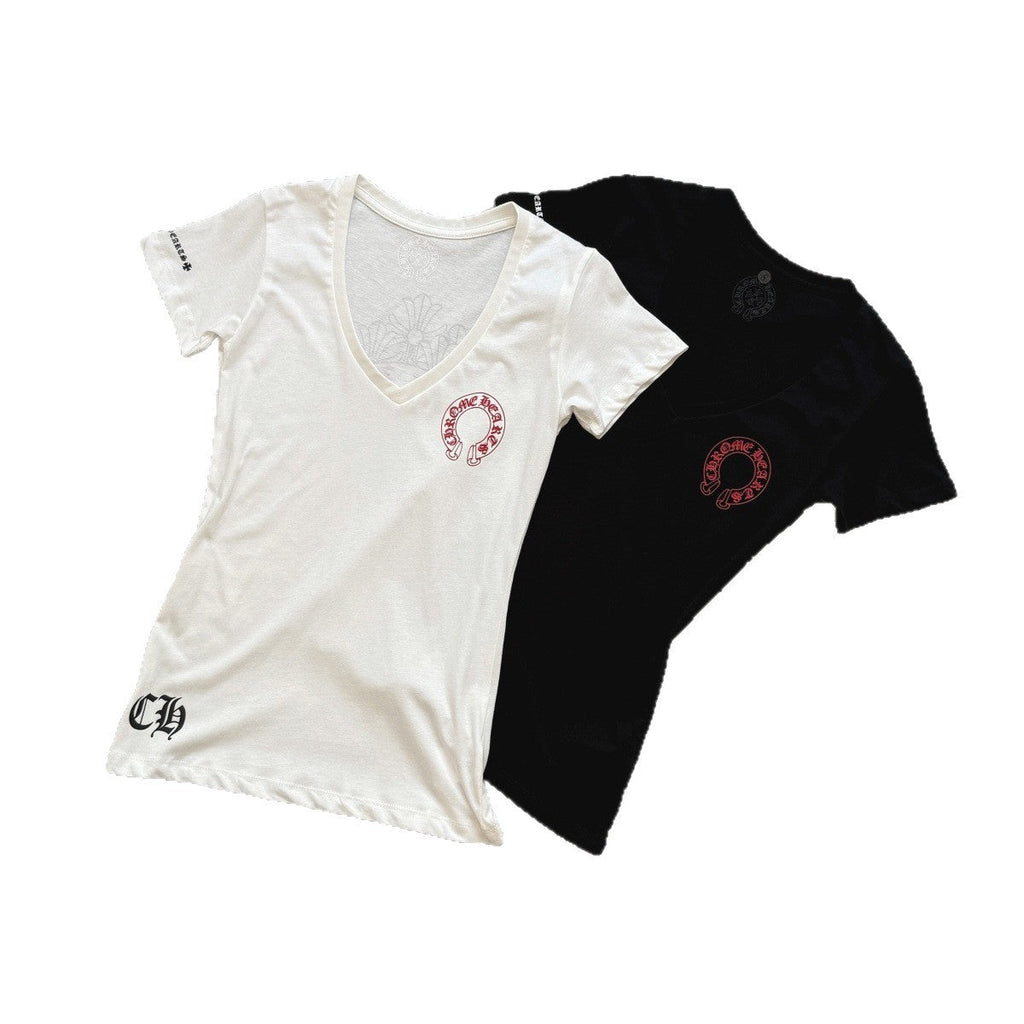 chrome hearts cross red horseshoe V-neck short-sleeved T-shirt