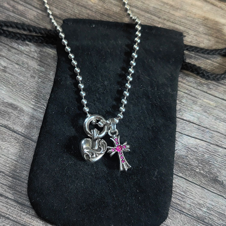 chrome hearts pink diamond cross love bead necklace
