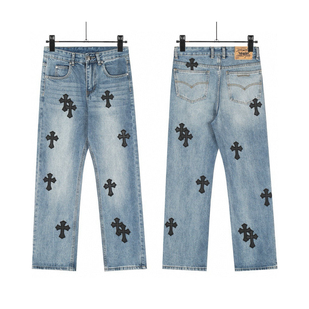 Chrome Hearts color cross leather jeans