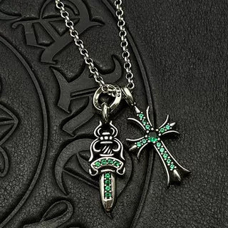 Chrome Hearts gold diamond sword cross double pendant
