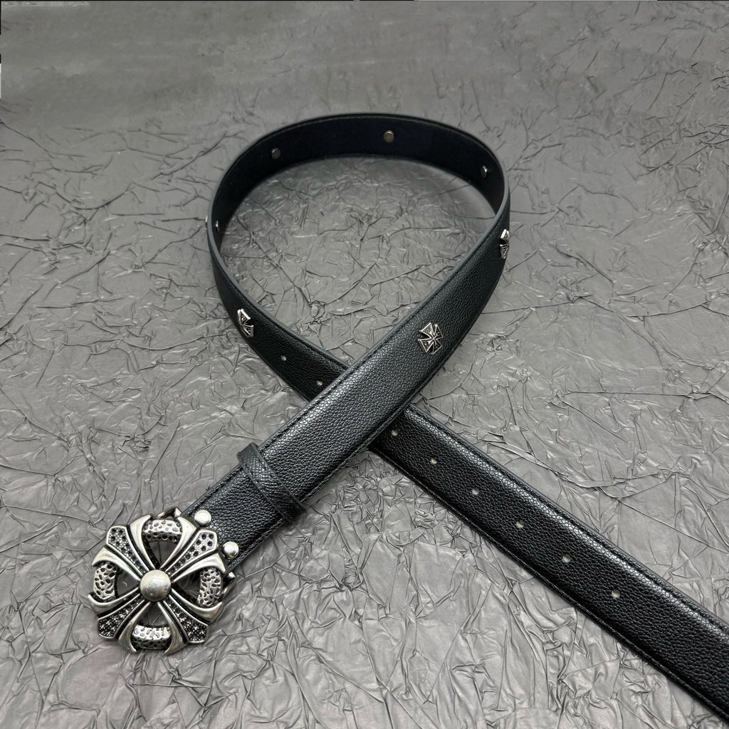 Chrome Hearts Belt with Cross Rivets and Tongue Buckle