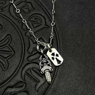 Chrome Hearts Diamond-Inlaid Sword and Dog Tag Double Pendant