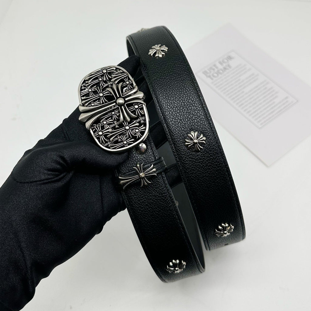 Chrome Hearts Cemetery Cross Classic PU Leather Belt with Rivets